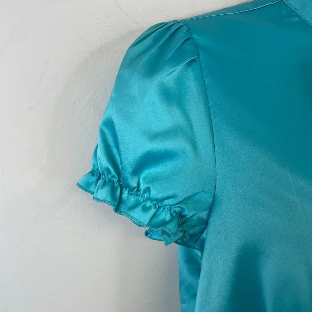 Vintage Y2K Top Medium Coquette Silky Satin Ruffle Puff Sleeve Keyhole High Neck - Picture 5 of 11